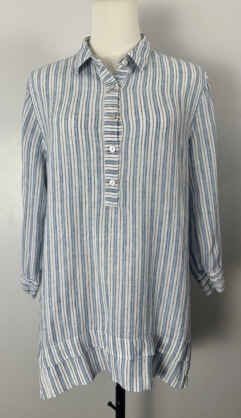 J.Jill Love 100% Linen Tunic Blue/White 3/4 Sleeve PopOver LagenLook Coastal SzM